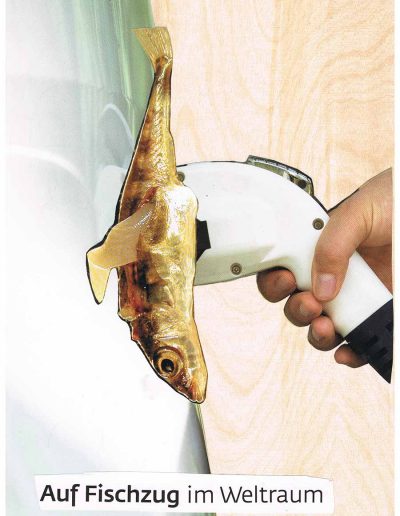 Auf Fischzug im Weltraum - 100 Vorurteile - Collage, A4 Holz - Lackiert - von Dima Dobrovolskij