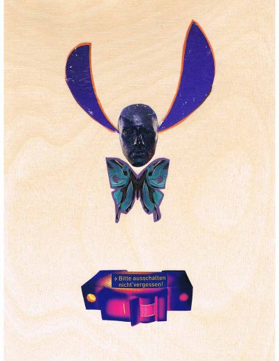 Bitte ausschalten nicht vergessen - 100 Vorurteile - Collage, A4 Holz - Lackiert - von Dima Dobrovolskij