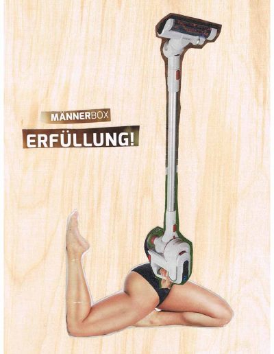 Männerbox Erfüllung - 100 Vorurteile - Collage, A4 Holz - Lackiert - von Dima Dobrovolskij