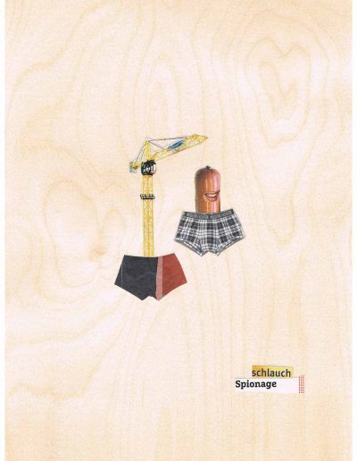 Schlauch Spionage - 100 Vorurteile - Collage, A4 Holz - Lackiert - von Dima Dobrovolskij