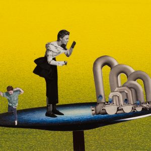 Originalcollage „Blue Turntable“ in Vorderansicht von Dima Dobrovolskij