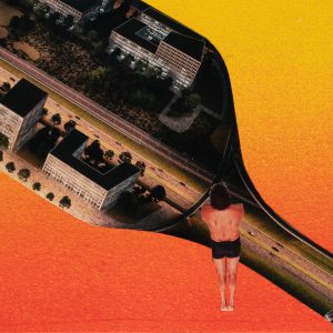 Originalcollage „Jump into the Bottle“ in Vorderansicht von Dima Dobrovolskij